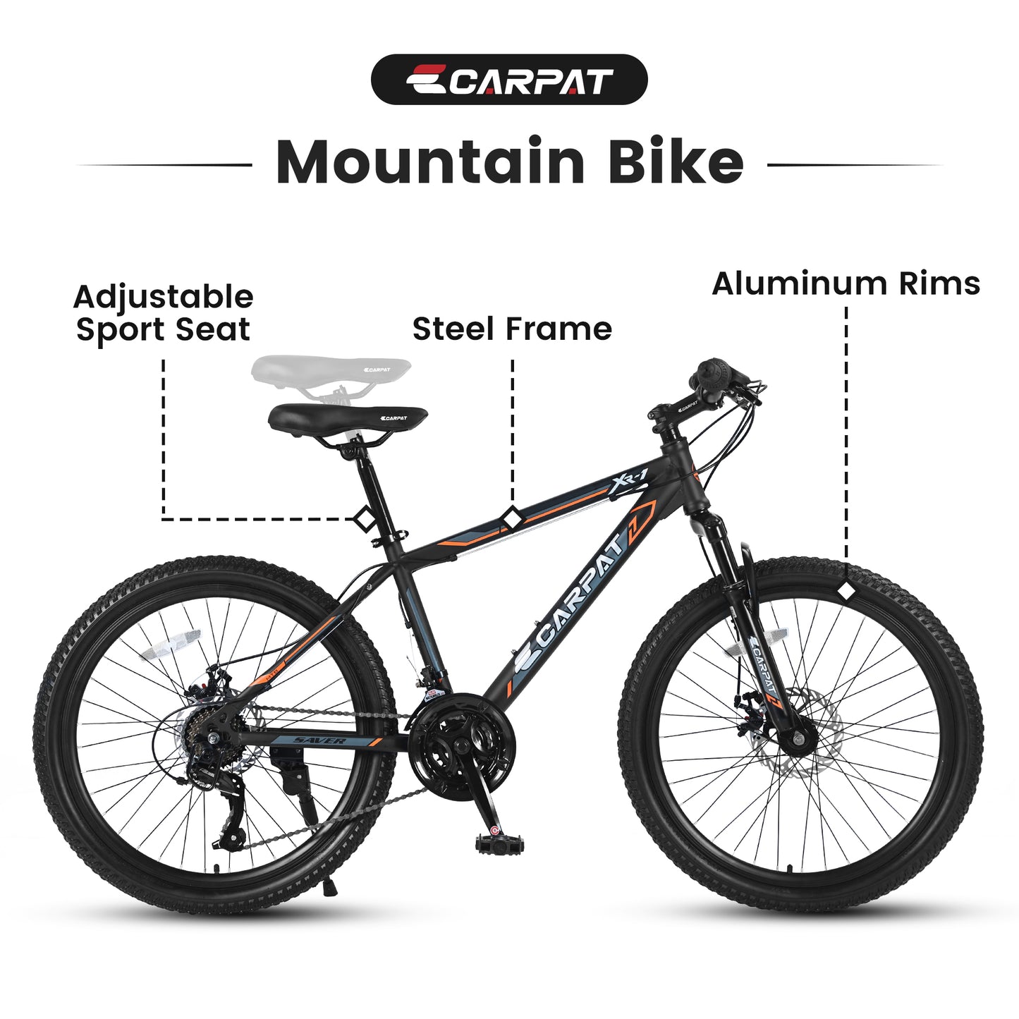 24 Inch Mountain Bike, 21 Speed, Dual Dis Brake, Front Suspension For Boy Girl,Black Orange S24102BO