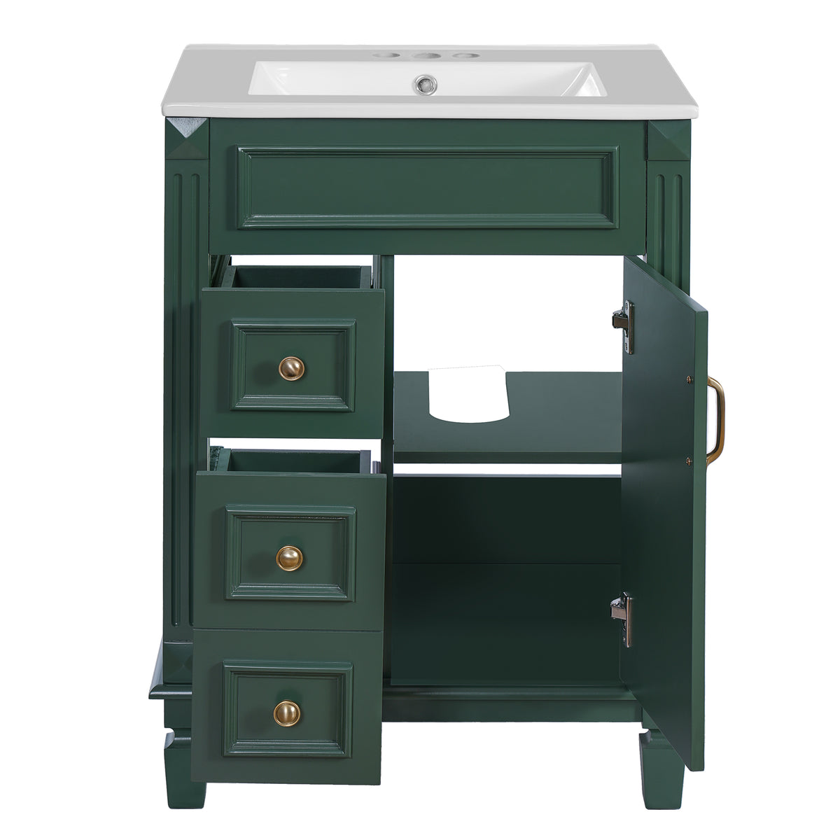 24" Bathroom Vanity with Sink, French Style Bathroom Vanity with 2 Deep Drawers & Adjustable Shelf, Ceramic Sink for 4-Inch Faucet, Soft Close Door,Green
