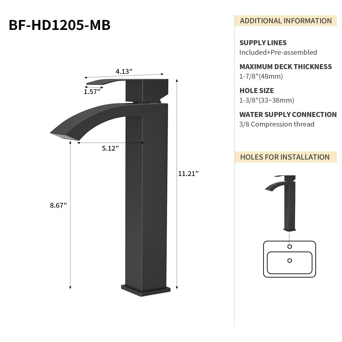 Bathroom Single Hole Vessel Sink Waterfall Faucet Matte Black Single Handle B2724P262885