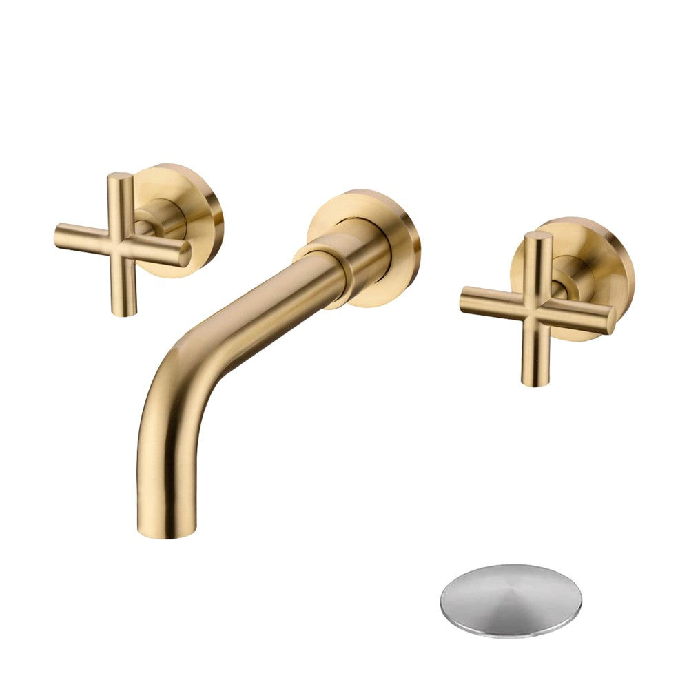 Bathroom Sink Faucet Brushed Gold Double Handles Wall Mounted With Pop-up Drain W928P261444