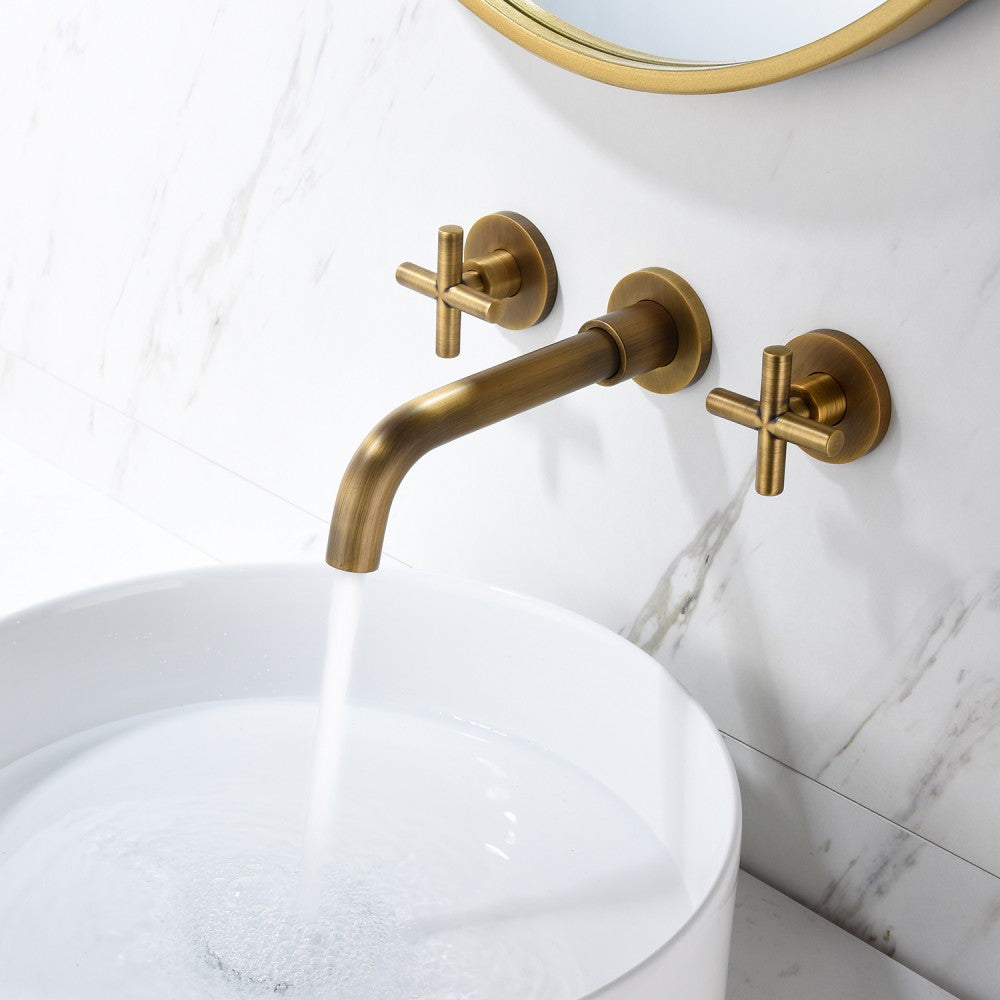 Bathroom Sink Faucet Brushed Bronze Double Handles Wall Mounted With Pop-up Drain W928P261533