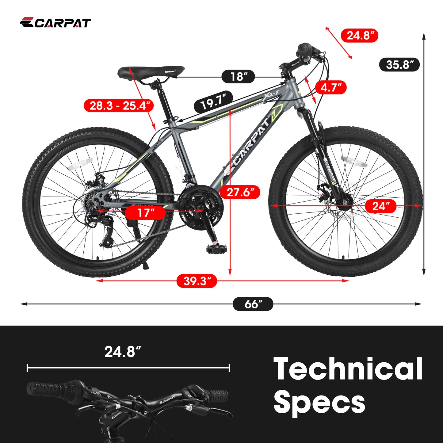 24 Inch Mountain Bike, 21 Speed, Dual Dis Brake, Front Suspension For Boy Girl,Gray S24102GRAY