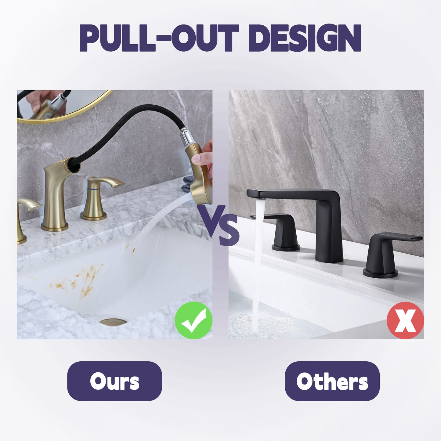 Bathroom Widespread Three Hole Pull-out Sink Faucet Brushed Gold Two Handles With Pop-up Drain W1224P185049