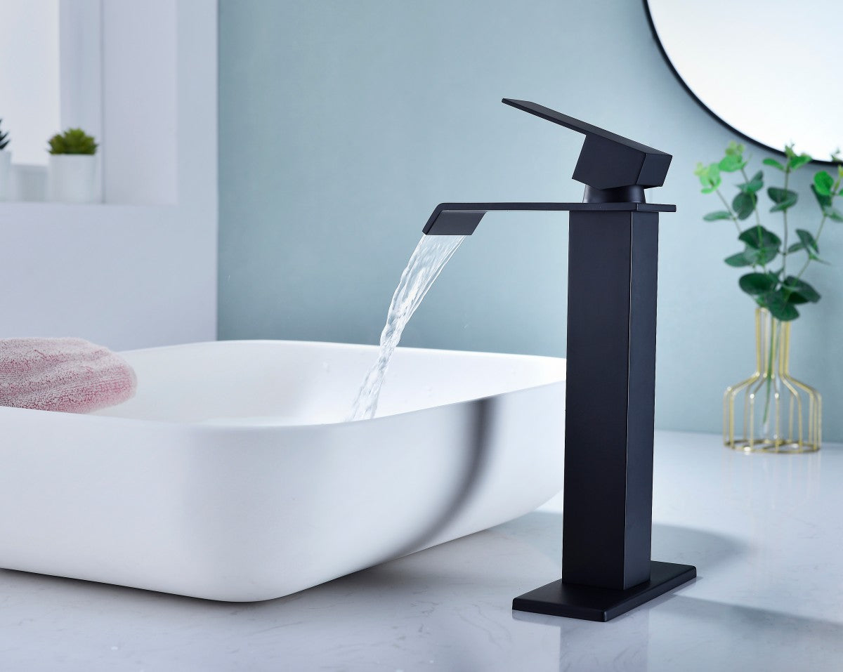 Bathroom Single Hole or Three Holes Vessel Sink Waterfall Faucet Matte Black Single Handle With Deck Plate and Pop-up Drain W928P225286