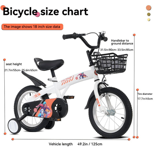 18 inch kids bike with training wheels,stand Adjustable saddle Suitable for boys and girls aged 5-10 years, tall Height 45-57 inch