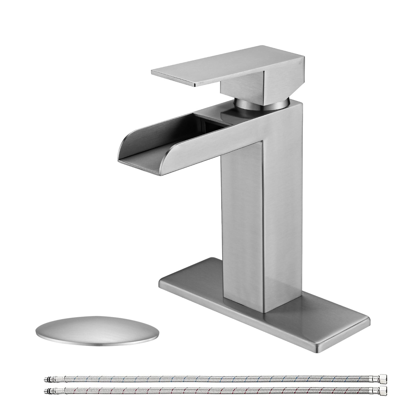 Bathroom Single Hole Three Hole Waterfall Sink Faucet Brushed Nickel Single Handle with Deck Plate and Pop-up Drain W1224P224286