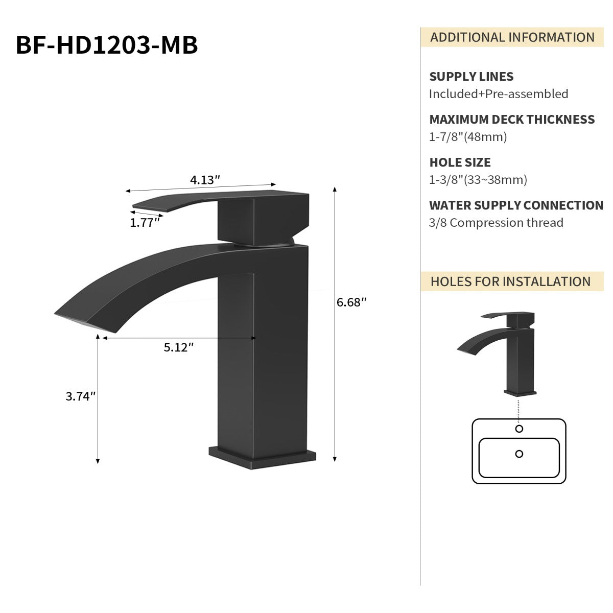 Bathroom Single Hole Sink Waterfall Faucet Matte Black Single Handle B2724P262881