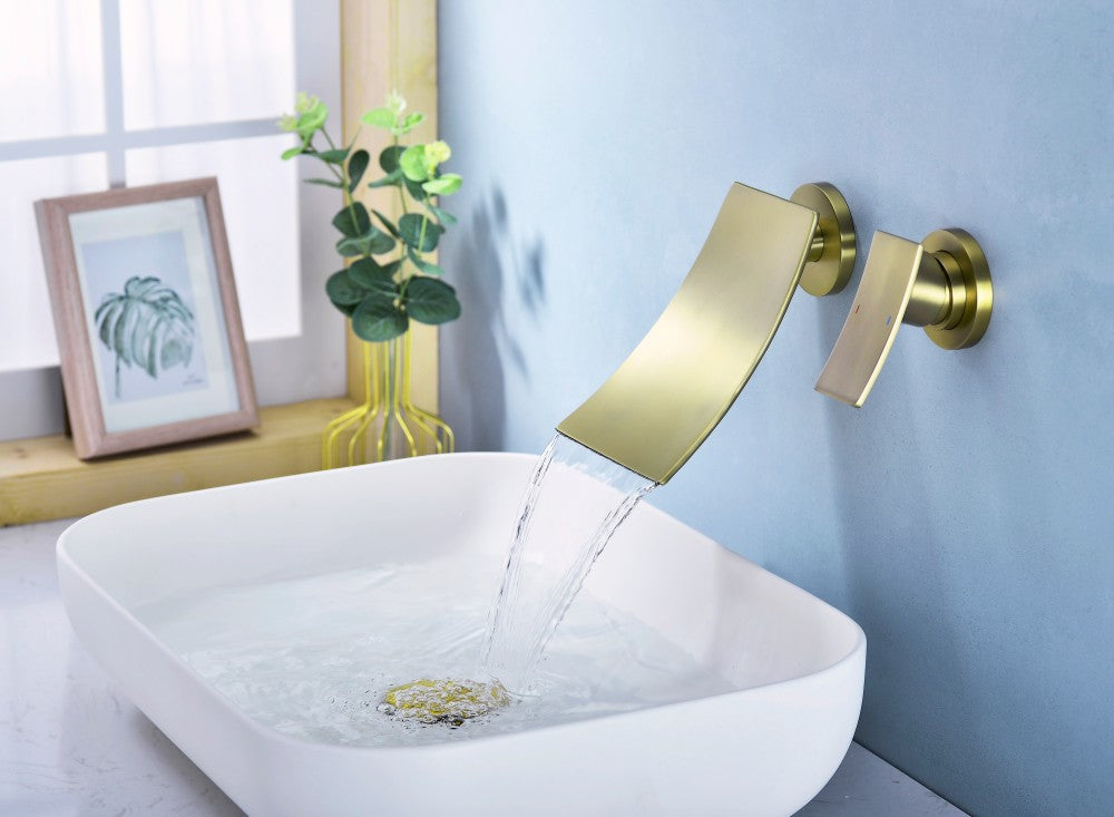 Bathroom Waterfall Sink Faucet Gold Single Handle Wall Mounted W2287P185537