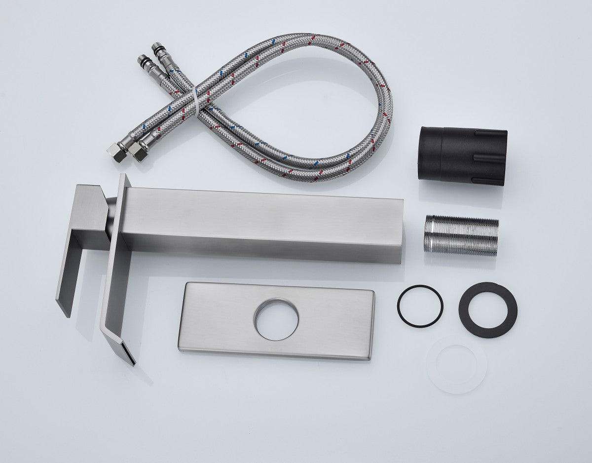 Bathroom Single Hole or Three Holes Vessel Sink Faucet Brushed Nickel Single Handle With Deck Plate and Pop-up Drain W928P225281