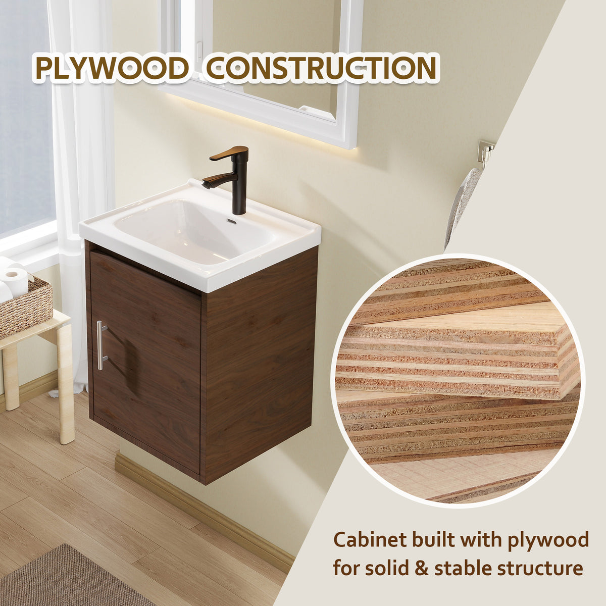16" Floating Bathroom Vanity with Sink, Modern Wall Mounted Bathroom Vanity with Glossy White Ceramic Sink & Countertop, Soft Close Door, Plywood Storage Cabinet,Brown