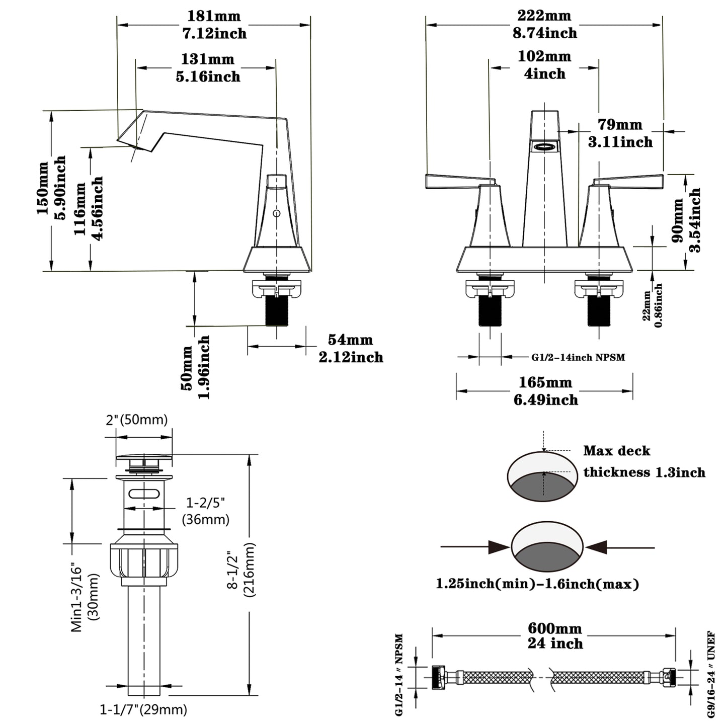 Bathroom Widespread Three Hole Sink Faucet Brushed Nickel Two Handles With Pop-up Drain T3177P277476