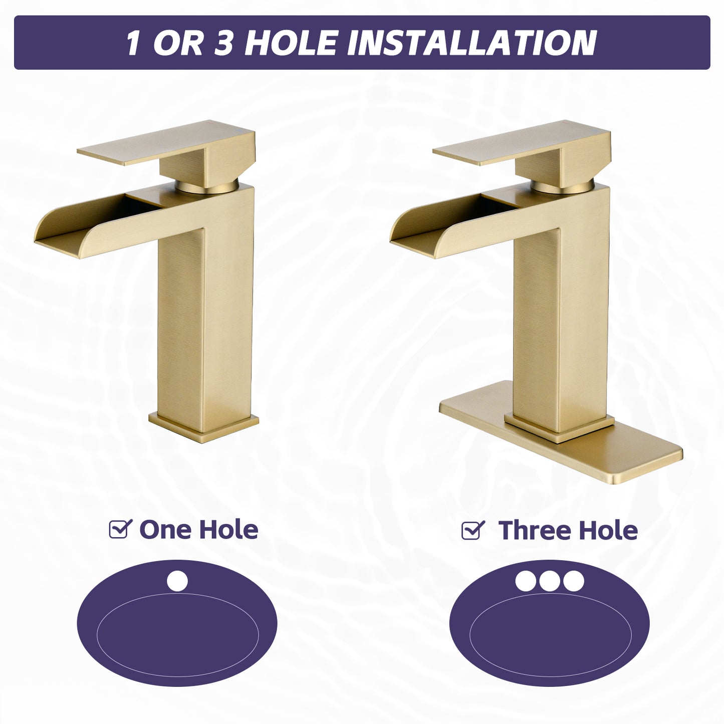 Bathroom Single Hole or Three Holes Waterfall Sink Faucet Brushed Gold Single Handle with Deck Plate and Pop-up Drain W1224P224288