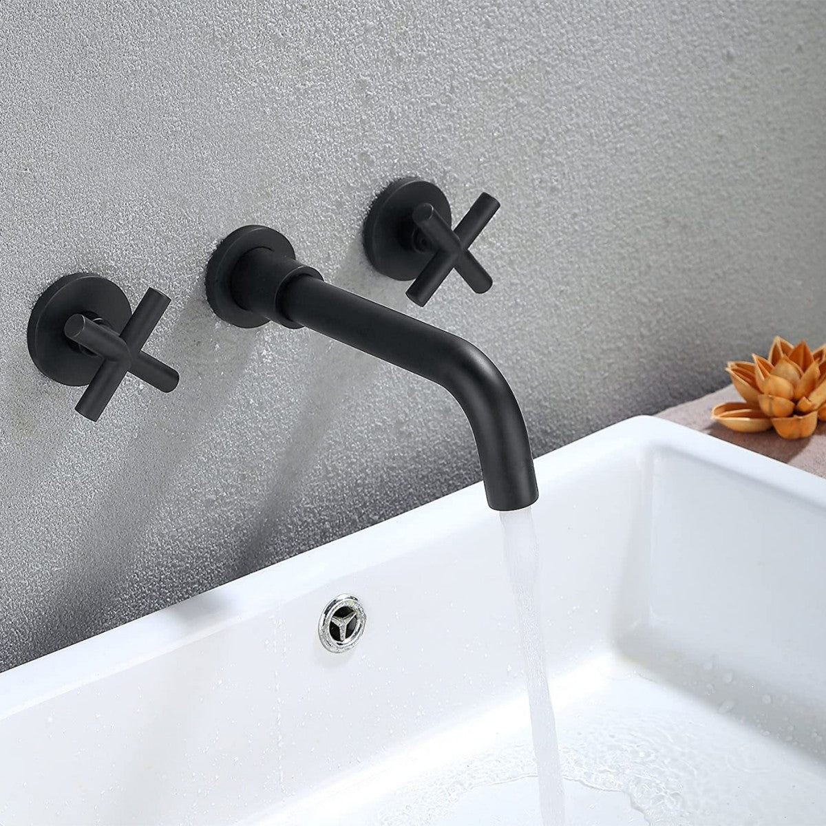 Bathroom Sink Faucet Brushed Matte Black Double Handles Wall Mounted With Pop-up Drain W928P261553