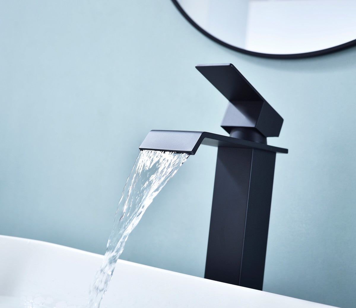 Bathroom Single Hole or Three Holes Vessel Sink Waterfall Faucet Matte Black Single Handle With Deck Plate and Pop-up Drain W928P225286