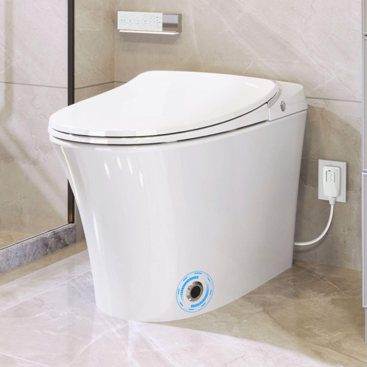 12 Inch Rough In Size Smart Bidet Toilet,Soft close Elongated Seat ,Heated Seat,Foot Sensor Flush,Water-Saving Powerful Flush,Warm Dryer,Washing Nozzle, Remote Control, Night Light,Tankless Toilet