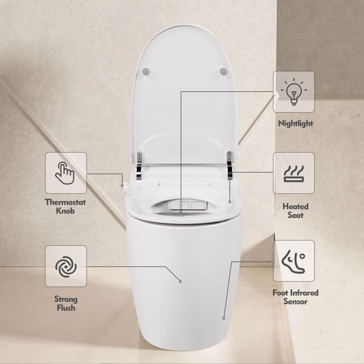 12 Inch Rough In Size Smart Toilet with Soft close Elongated Seat , Heated Seat, Foot Sensor Flush, Water-Saving Powerful Flush, Tankless Toilet with Bidet no Nozzle, Knob Control, Night Light