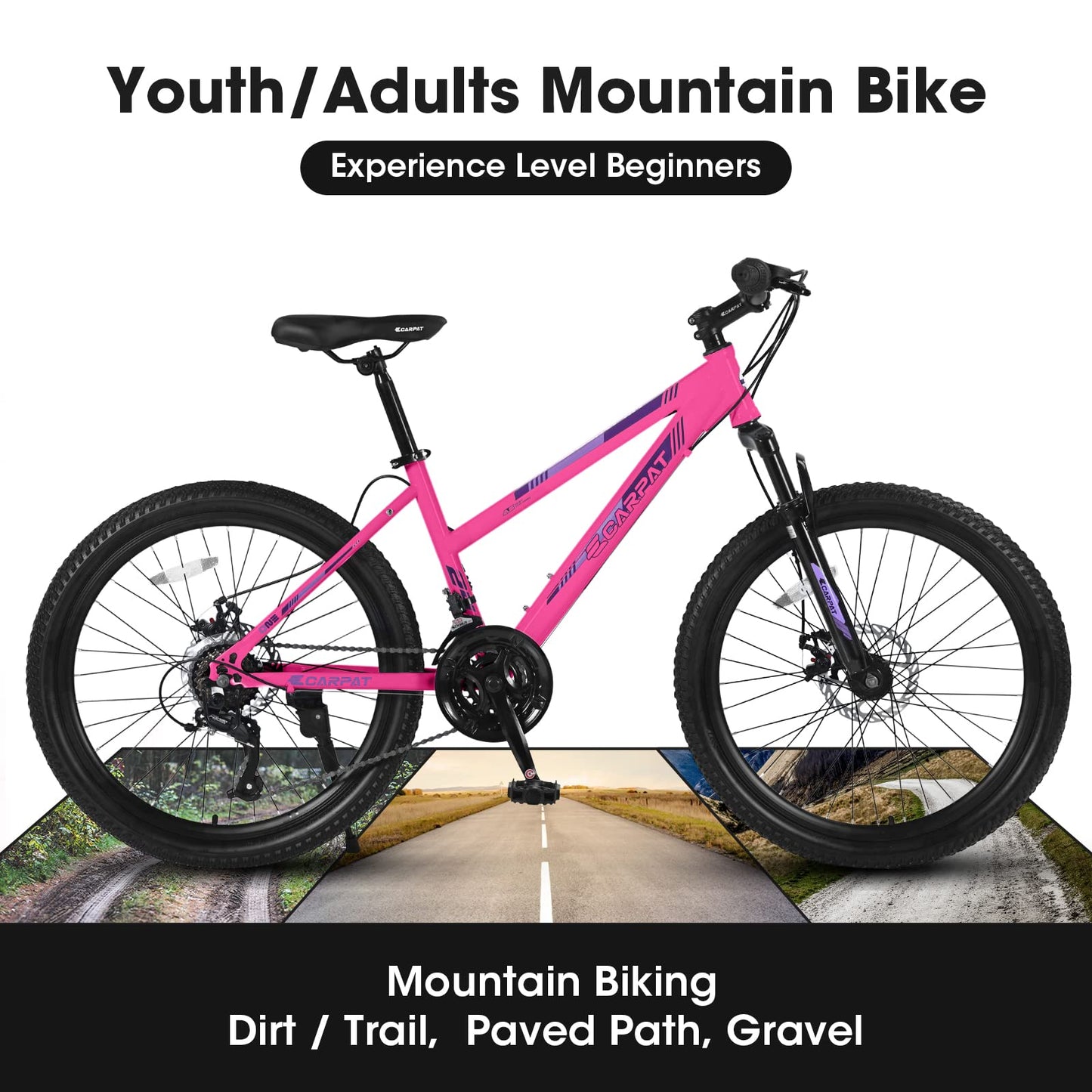 24 Inch Mountain Bike Shimano 21 Speed Dual Disc Brake Front Suspension For Boy Girl PINK