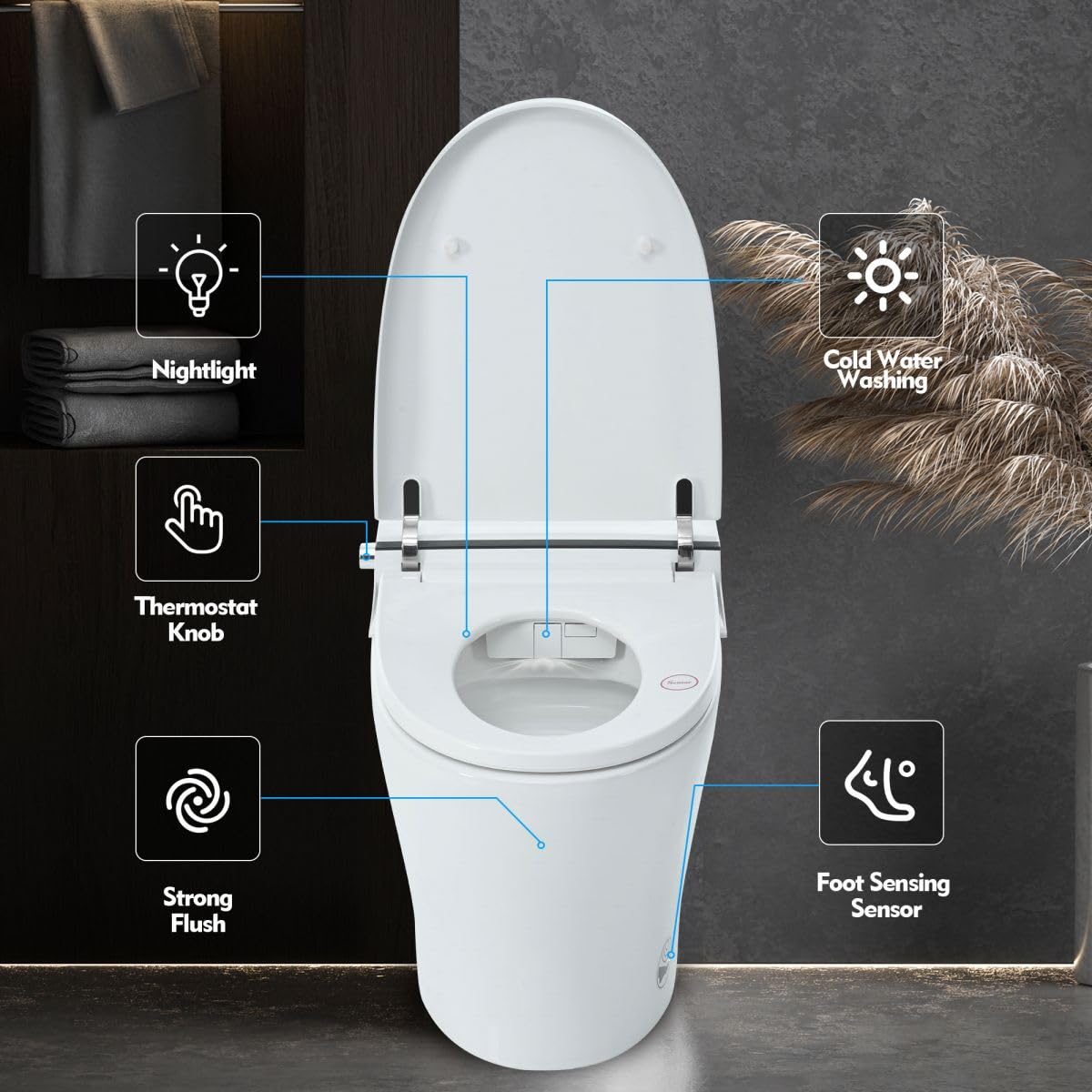 12 Inch Rough In Size Smart Toilet with Bidet Built in, Soft close Elongated Seat , Heated Seat, Foot Sensor Flush, Water-Saving Powerful Flush, Washing Nozzle, Night Light,Tankless Toilet