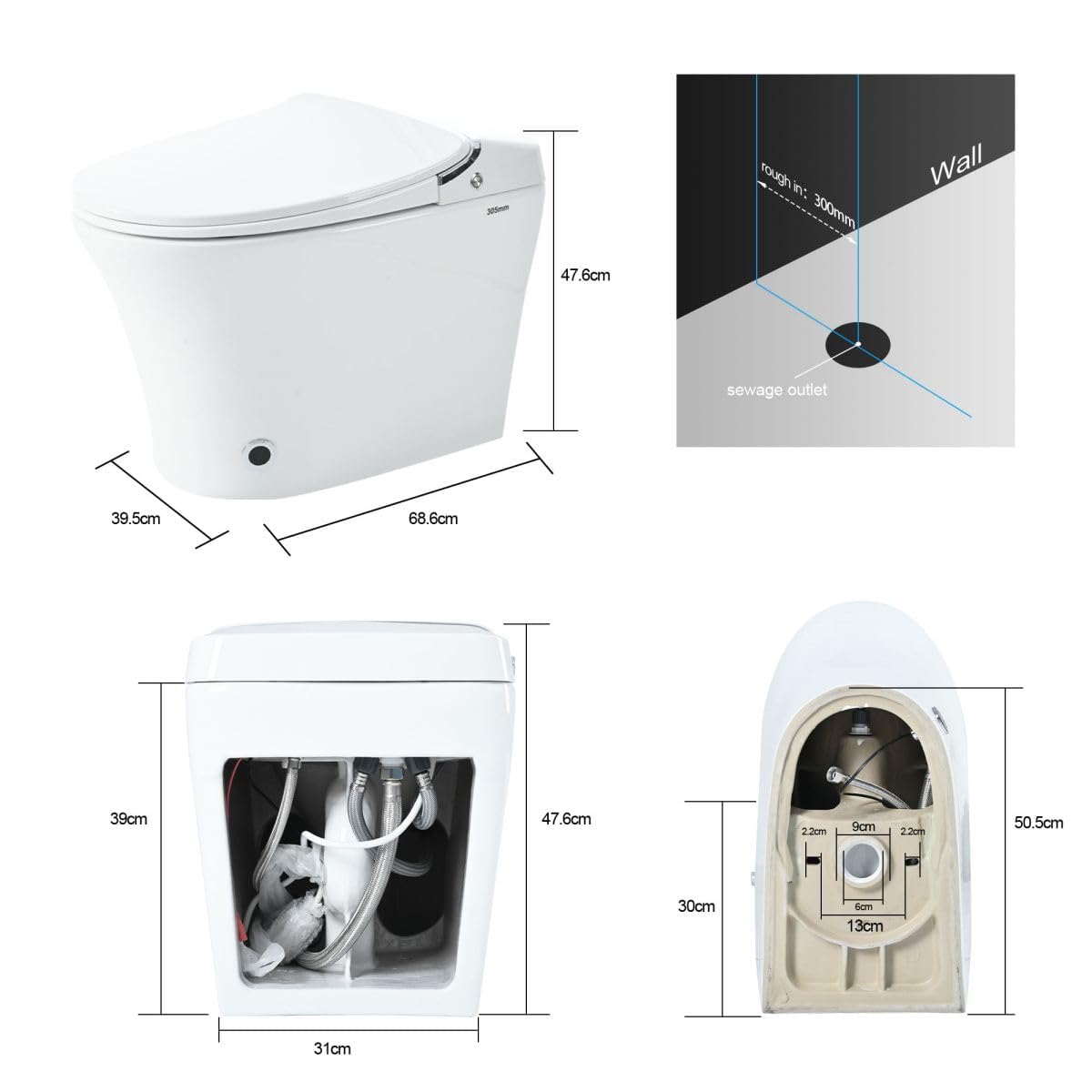 12 Inch Rough In Size Smart Bidet Toilet,Soft close Elongated Seat ,Heated Seat,Foot Sensor Flush,Water-Saving Powerful Flush,Warm Dryer,Washing Nozzle, Remote Control, Night Light,Tankless Toilet