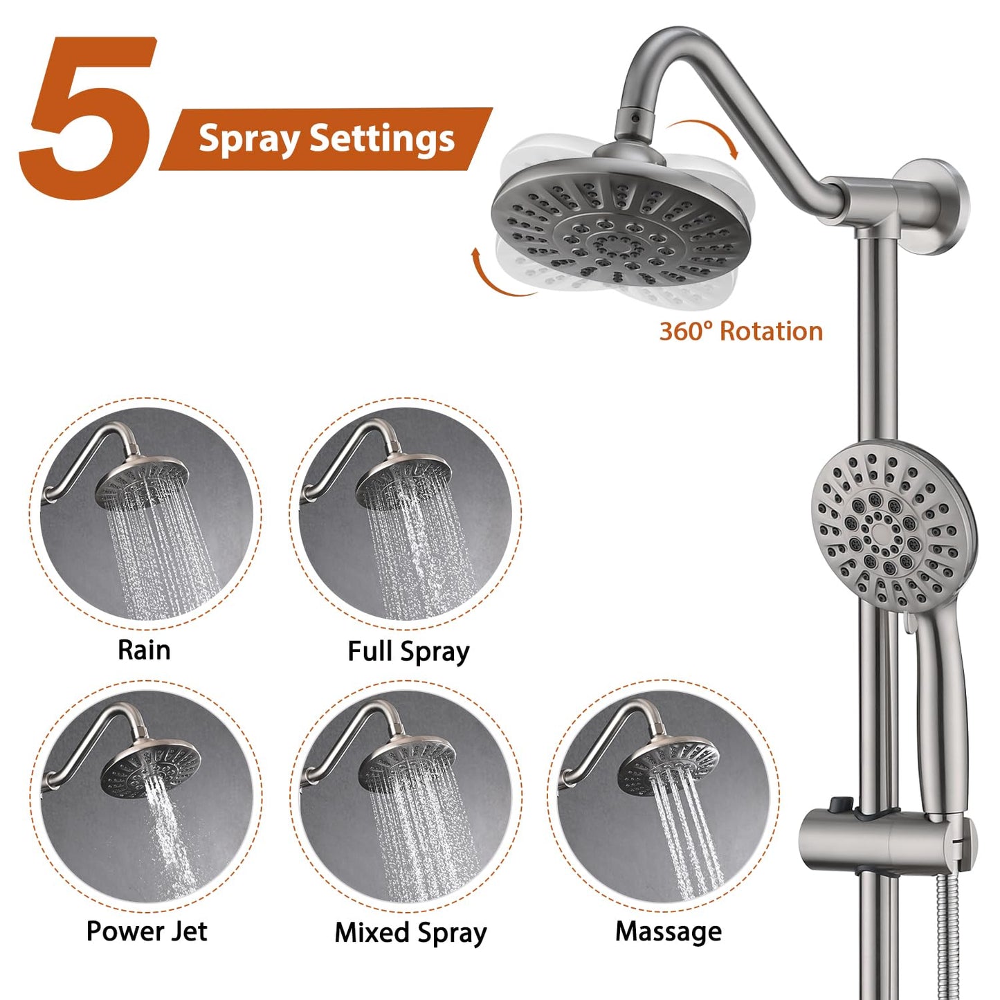 Brushed Nickel Bathroom Shower Head and Handheld Showerhead Combo Shower System with Drill-Free slider bar, 5 jets Top Shower and 6 jets handheld shower
