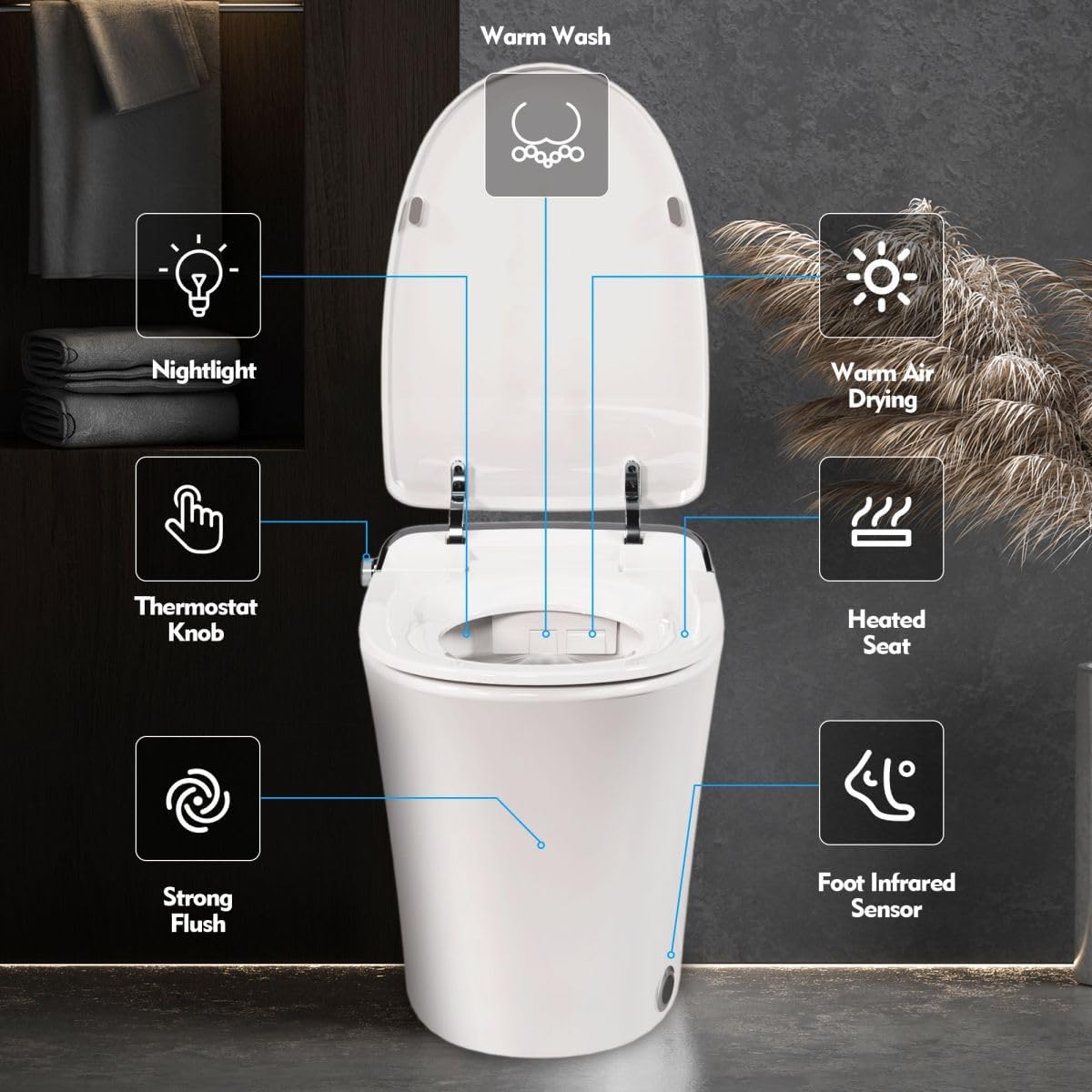 12 Inch Rough In Size Smart Bidet Toilet,Soft close Elongated Seat ,Heated Seat,Foot Sensor Flush,Water-Saving Powerful Flush,Warm Dryer,Washing Nozzle, Remote Control, Night Light,Tankless Toilet