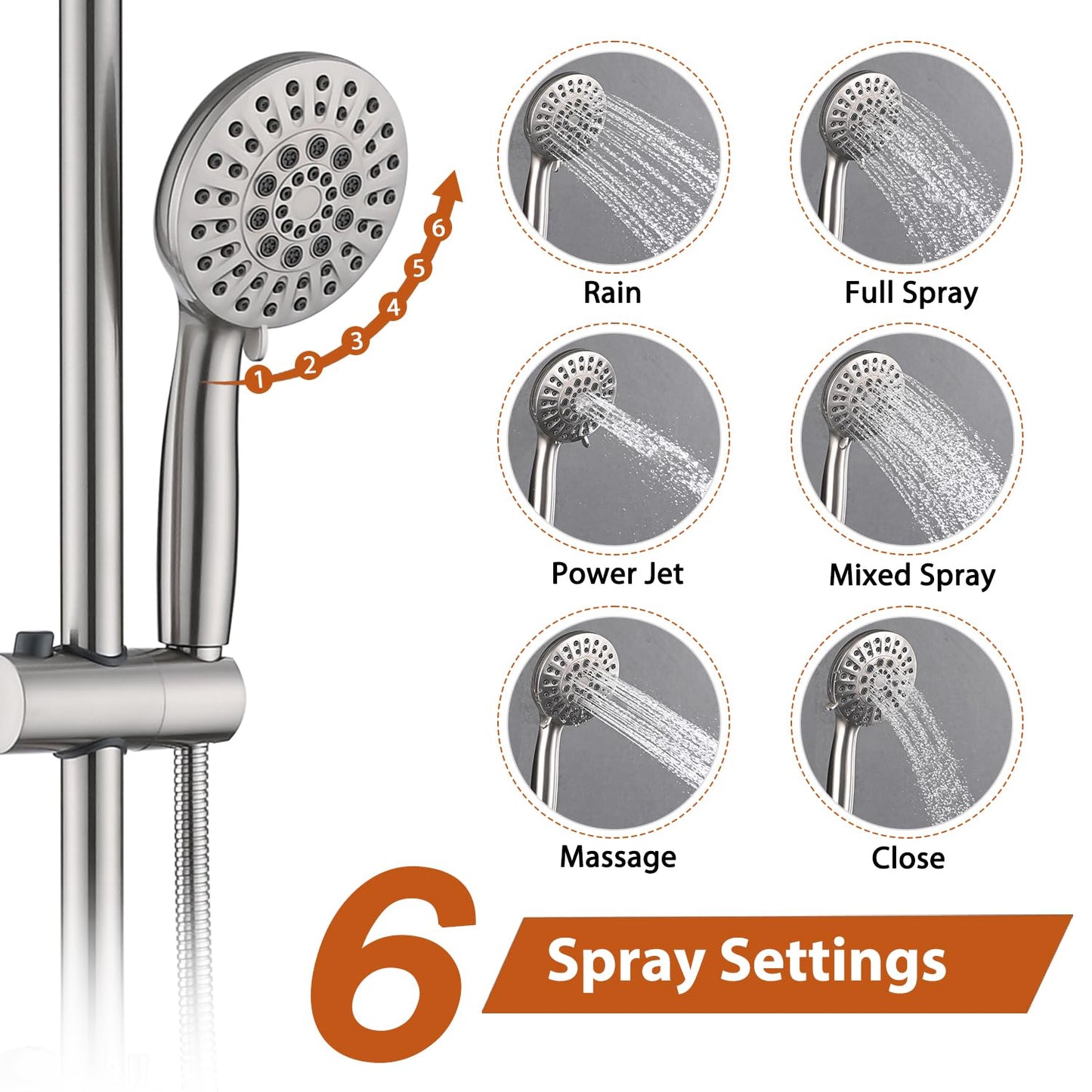 Brushed Nickel Bathroom Shower Head and Handheld Showerhead Combo Shower System with Drill-Free slider bar, 5 jets Top Shower and 6 jets handheld shower