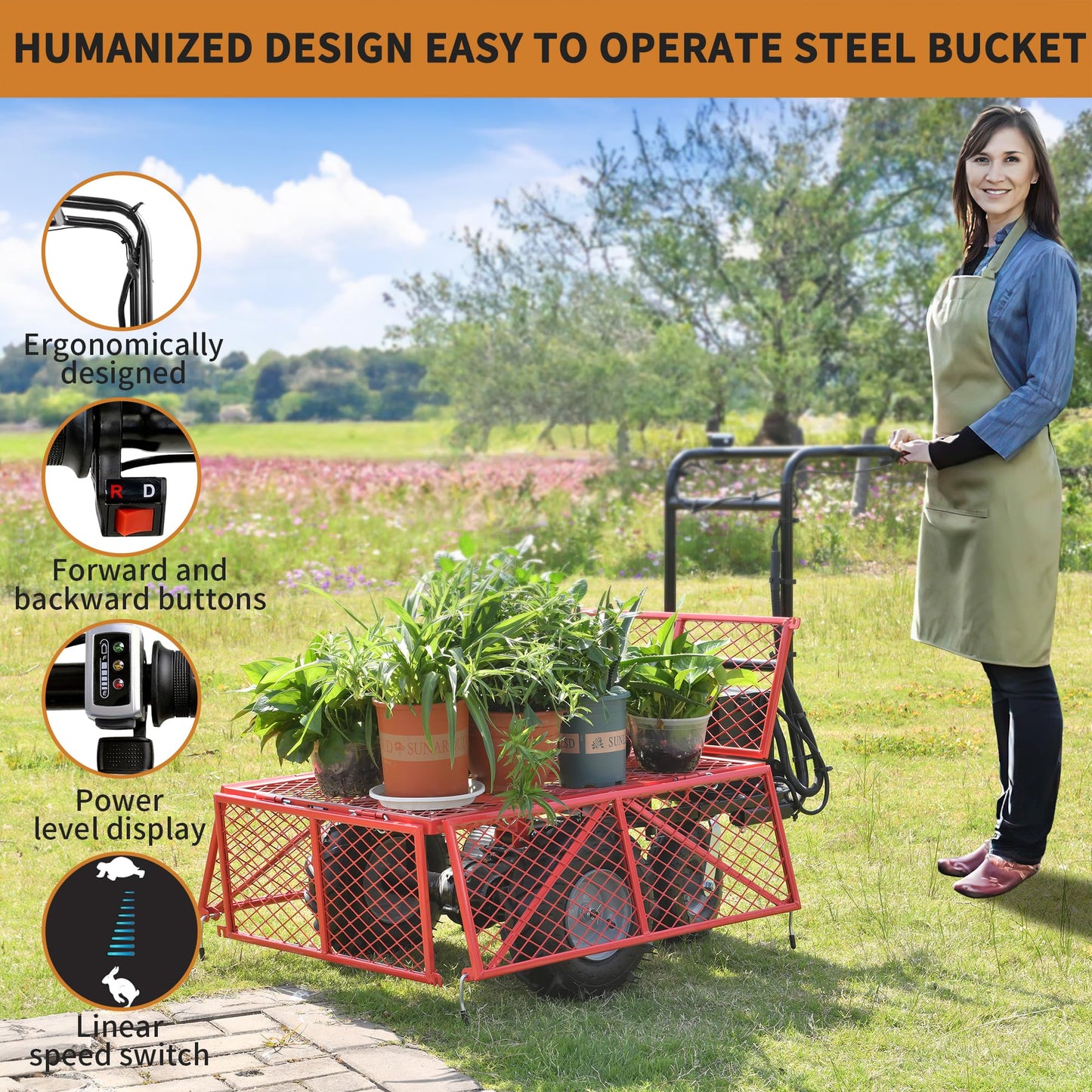 Wheelbarrow Utility Cart, Electric Powered Cart 48V28Ah 500W, Capacity 500lbs,Max Cubage 6 Cuft, Material Hauler 1000lbs Towing