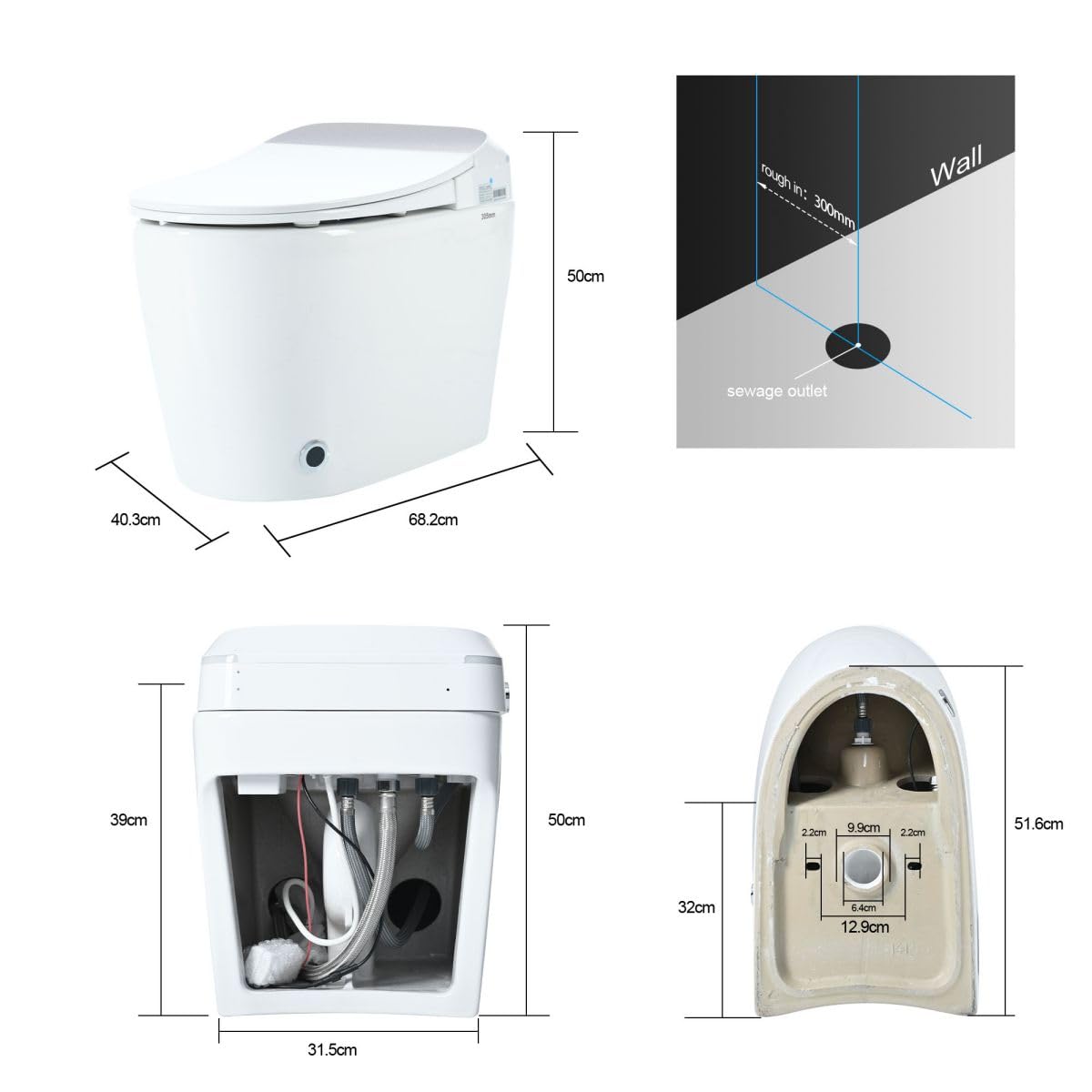 12 Inch Rough In Size Smart Toilet with Soft close Elongated Seat , Heated Seat, Foot Sensor Flush, Water-Saving Powerful Flush, Tankless Toilet with Bidet no Nozzle, Knob Control, Night Light