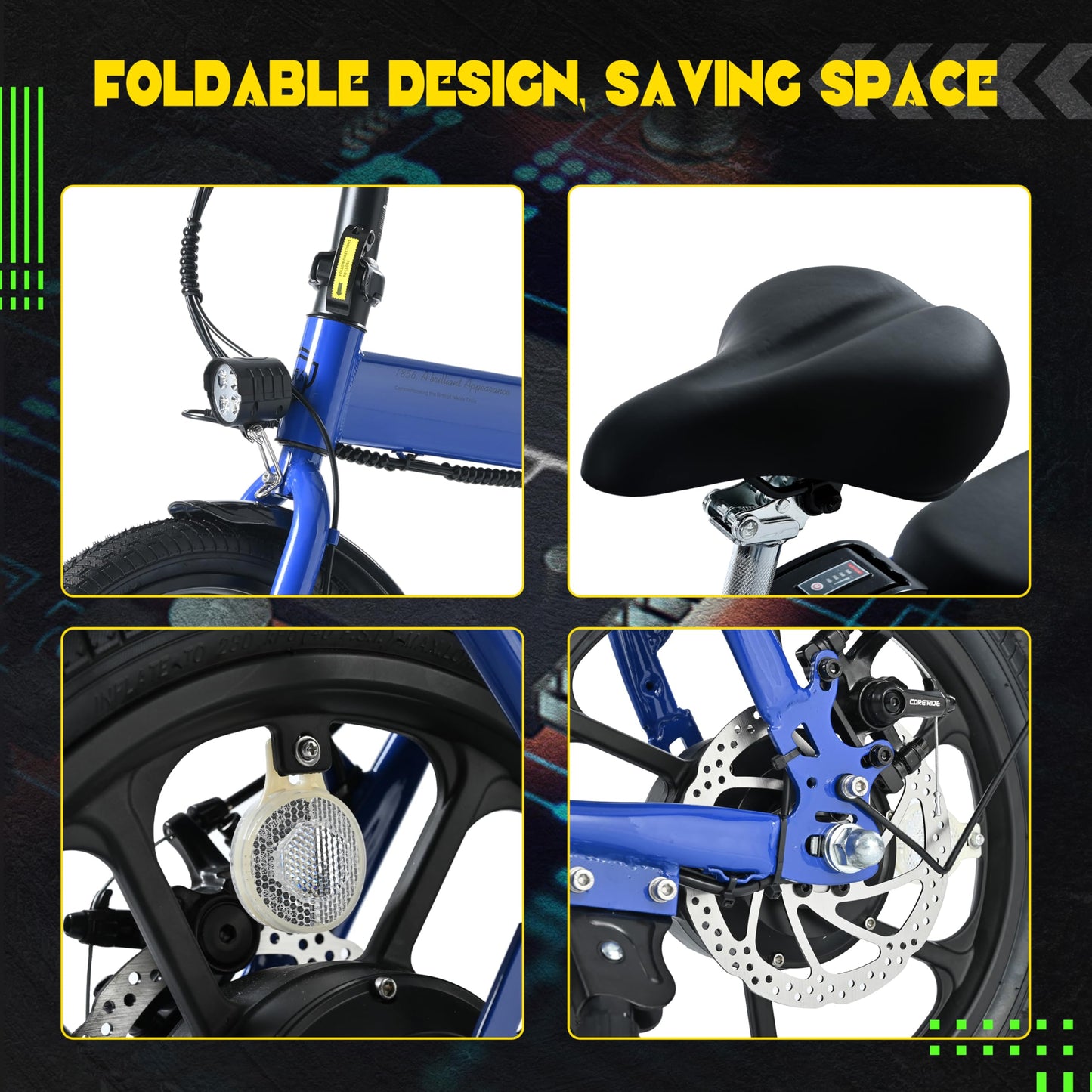 500W Folding 20 inch Fat Tire Electric City Commuter Bike 15.5 mph 48V 10.4 AH Removable Lithium Battery Adult Blue