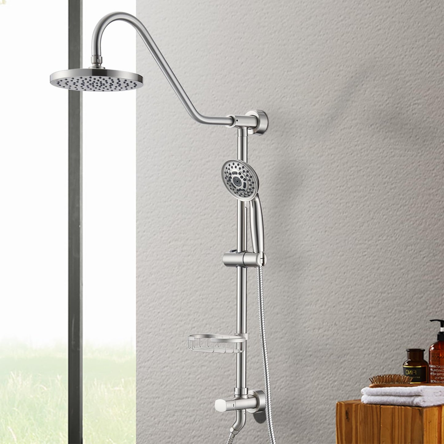 Brushed Nickel Bathroom Shower Head and Handheld Showerhead Combo Shower System, 8 inch Top Shower and 5 jets handheld shower, soap dish included