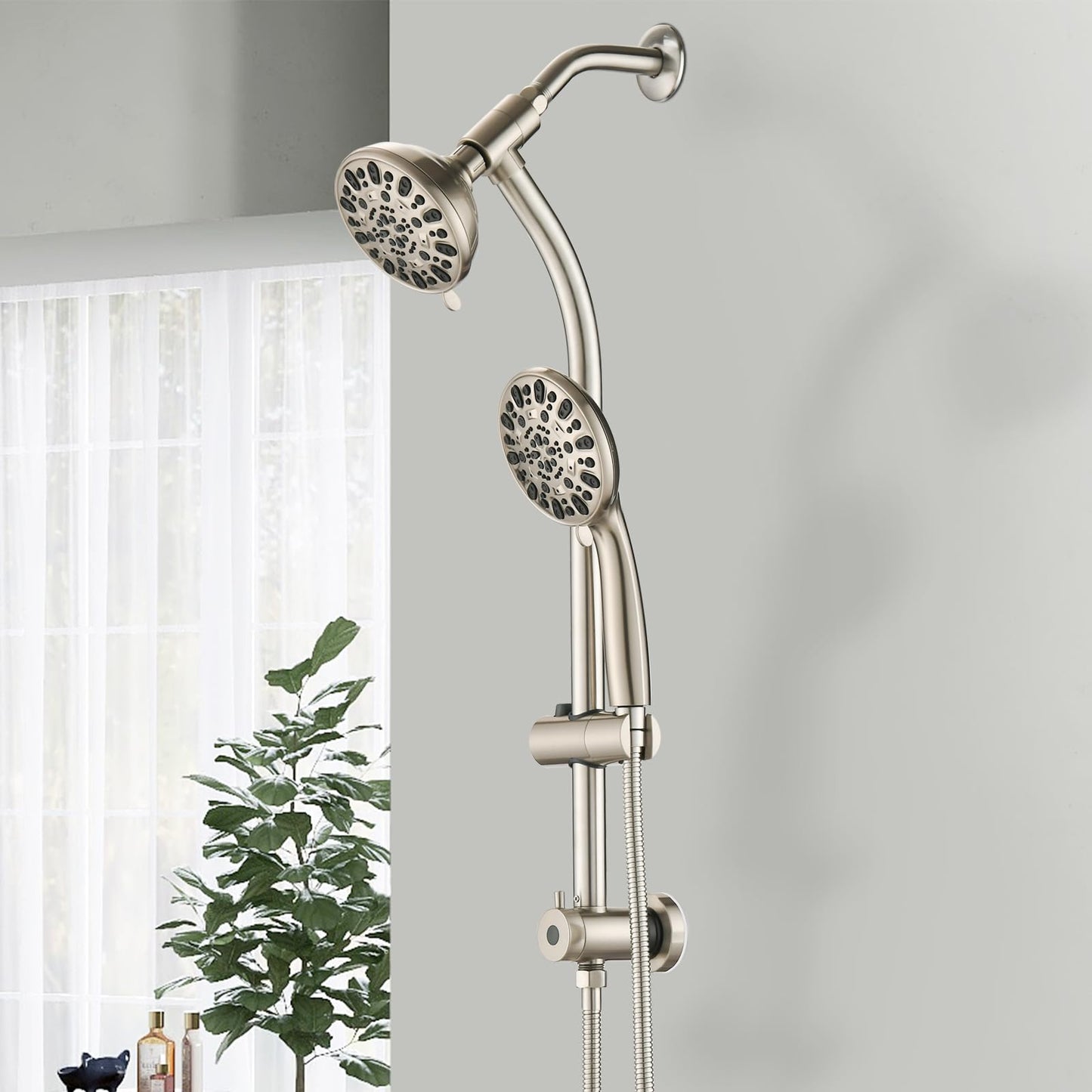 Brushed Nickel Bathroom Shower Head and Handheld Showerhead Combo Shower System with Drill-Free slider bar, 7 jets Top Shower and 7 jets handheld shower