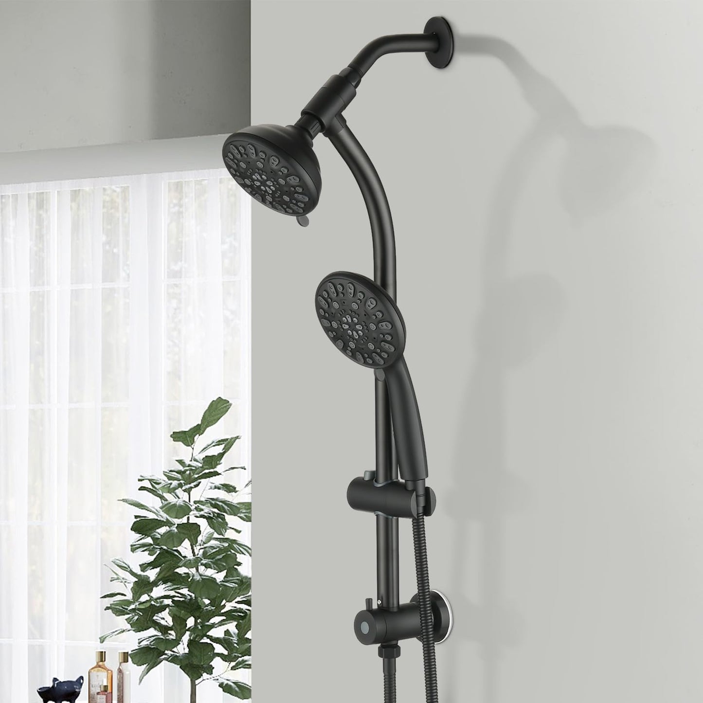 Matte Black Bathroom Shower Head and Handheld Showerhead Combo Shower System with Drill-Free slider bar, 7 jets Top Shower and 7 jets handheld shower