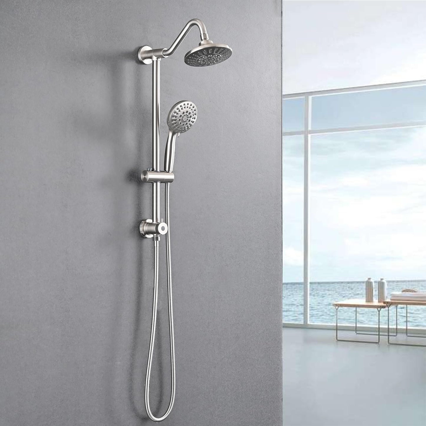 Brushed Nickel Bathroom Shower Head and Handheld Showerhead Combo Shower System with Drill-Free slider bar, 5 jets Top Shower and 6 jets handheld shower