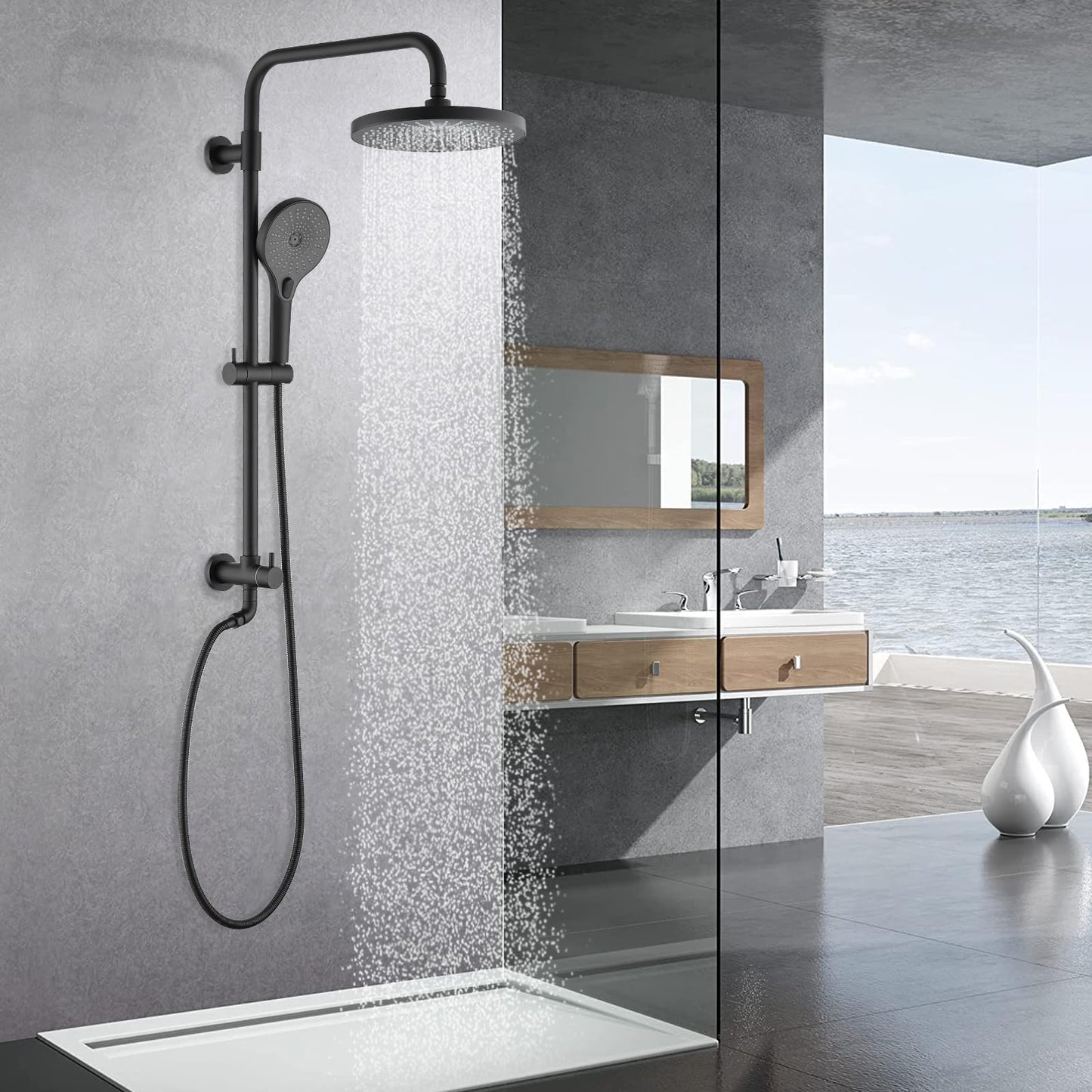 Matte Black Shower Bathroom Head and Handheld Showerhead Combo Shower System with slider bar, 10 inch Top Shower and 3 jets handheld shower, soap dish included