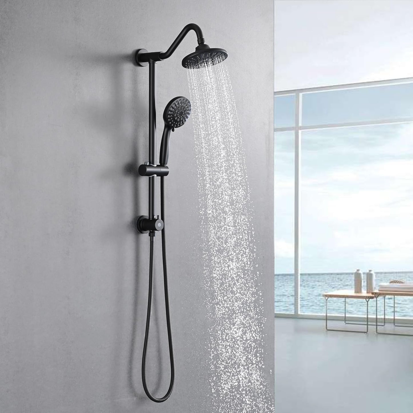 Matte Black Bathroom Shower Head and Handheld Showerhead Combo Shower System with Drill-Free slider bar, 5 jets Top Shower and 6 jets handheld shower