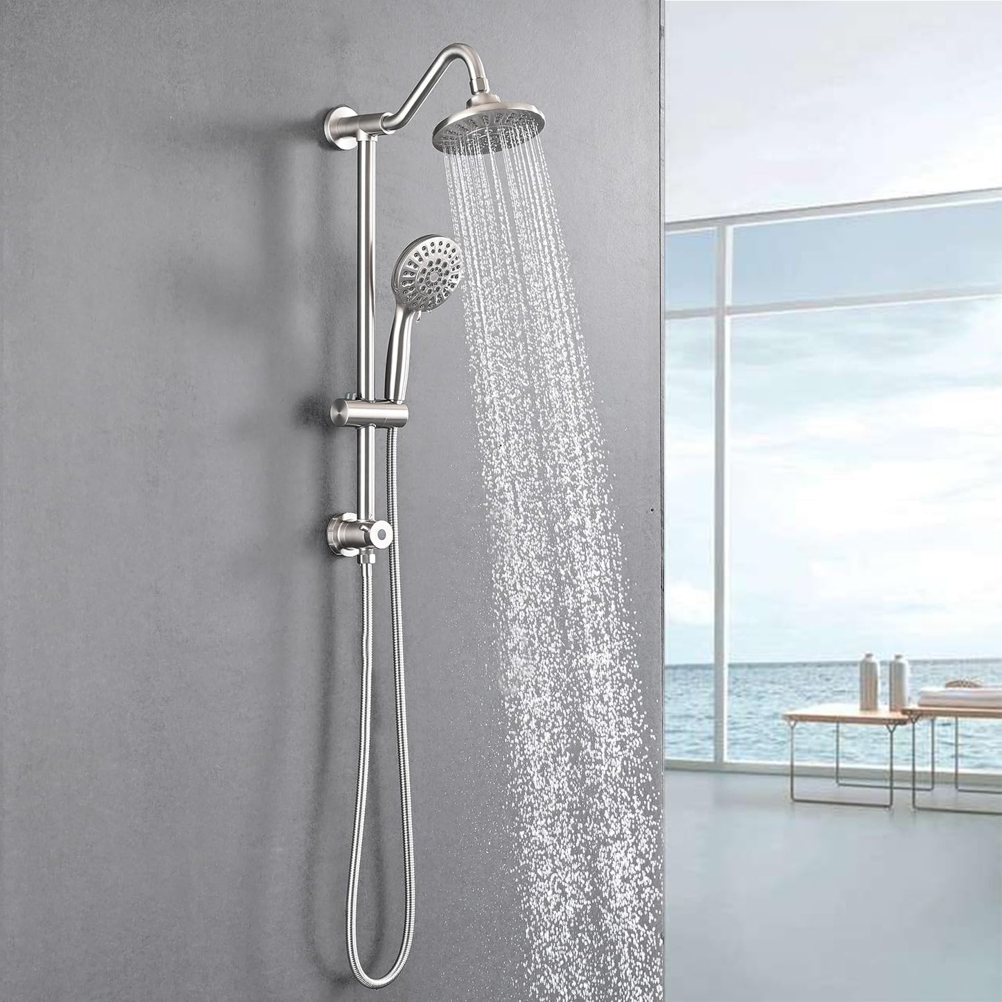 Brushed Nickel Bathroom Shower Head and Handheld Showerhead Combo Shower System with Drill-Free slider bar, 5 jets Top Shower and 6 jets handheld shower