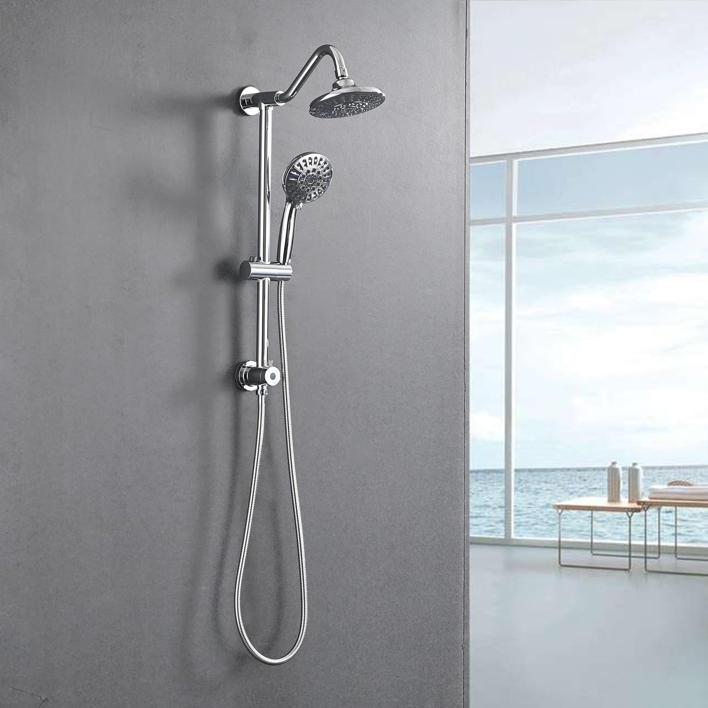 Chrome Shower Bathroom Head and Handheld Showerhead Combo Shower System with Drill-Free slider bar, 5 jets Top Shower and 6 jets handheld shower