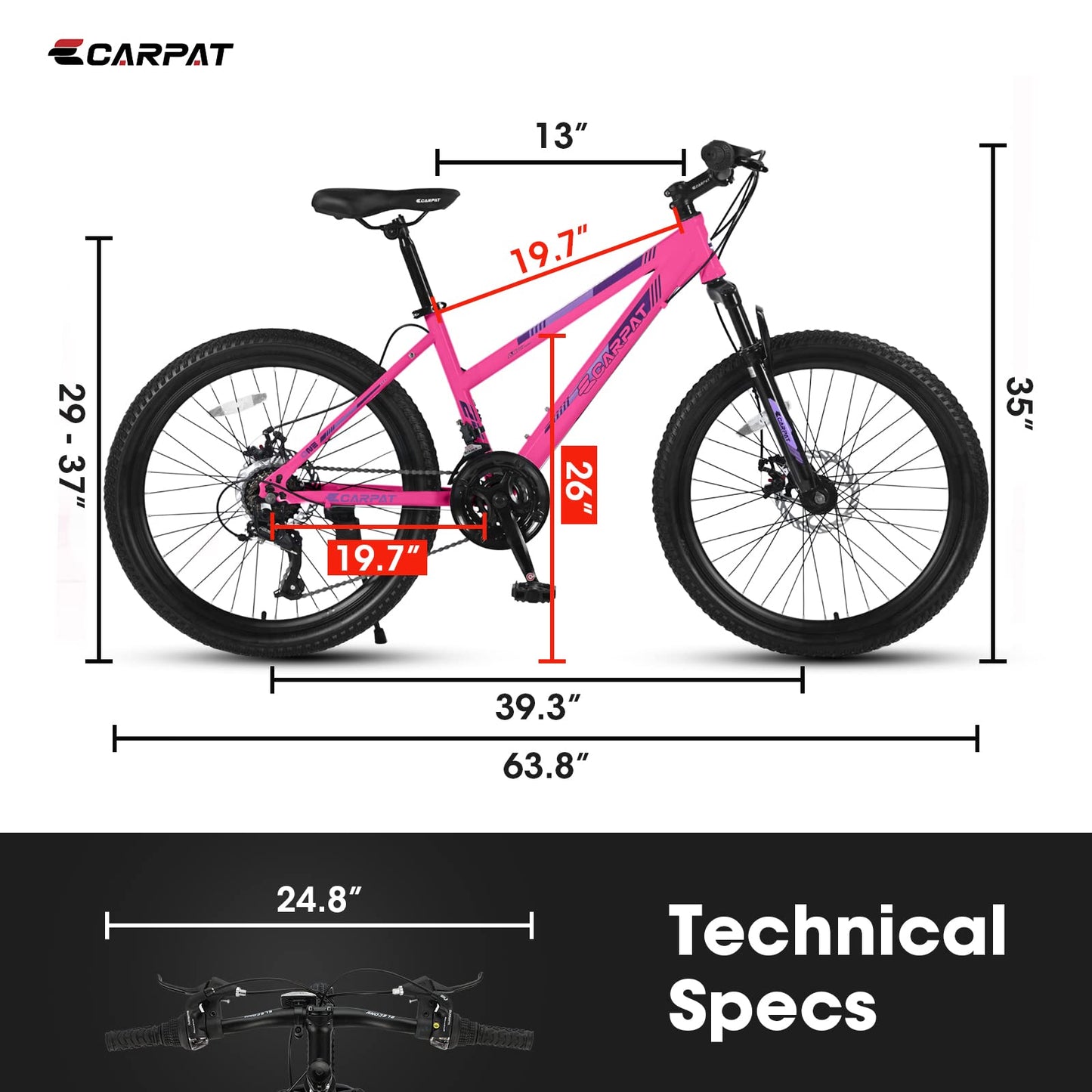 24 Inch Mountain Bike Shimano 21 Speed Dual Disc Brake Front Suspension For Boy Girl PINK