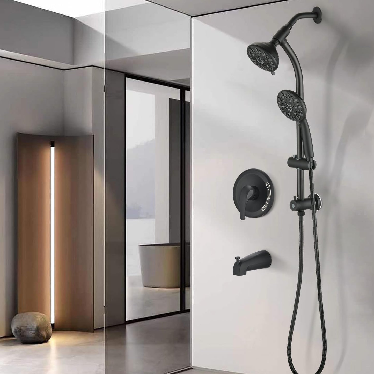 Matte Black Bathroom Shower Head and Handheld Showerhead Combo Shower System with Tub Spout,Drill-Free slider bar, 7 jets Top Shower and 7 jets handheld shower, Rough-in Valve Included