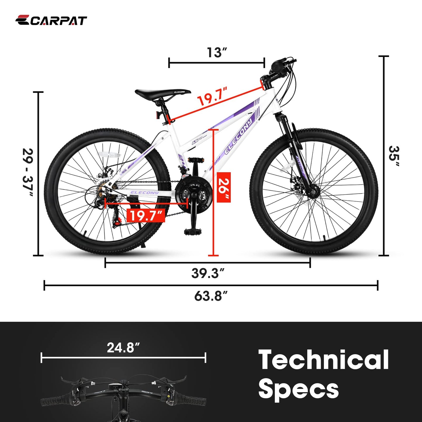 24 Inch Mountain Bike Shimano 21 Speed Dual Disc Brake Front Suspension For Boy Girl WHITE
