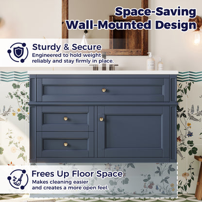 36" Floating Bathroom Vanity with Sink, Wall Mounted Bathroom Vanity with 2 Drawers & Tip-Out Tray, Etched Stripe Design, Ceramic Sink with Overflow, Adjustable Height,Blue