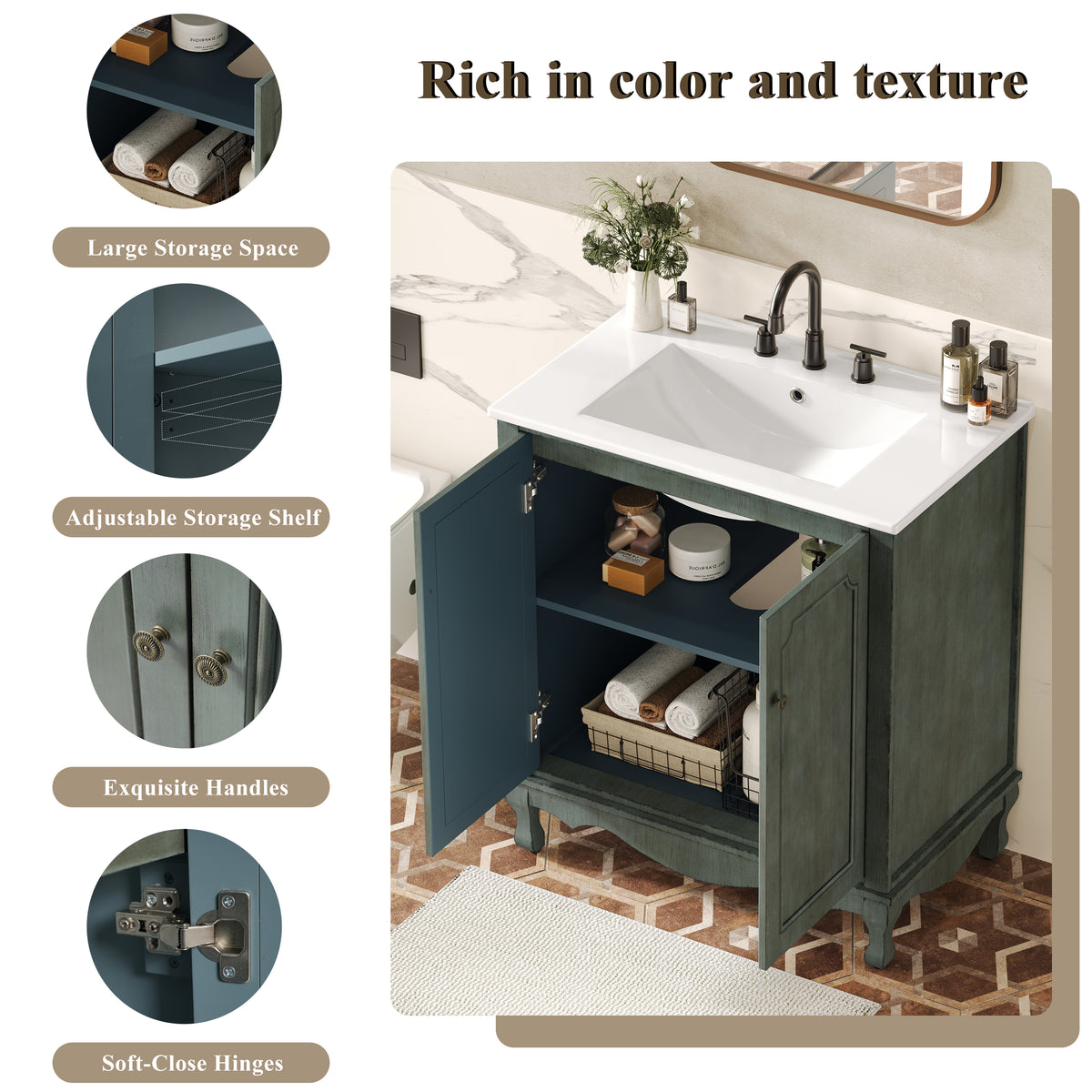 31" Bathroom Vanity with Sink, Antique Bathroom Vanity with Rectangular Ceramic Sink & Tip-Out Tray, Rubber Wood Legs, Soft Close Door,Antique blue green