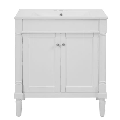 30" Bathroom Vanity with Sink, French Style Small Bathroom Vanity with Semi-Circular Column Design, Ceramic Sink with Overflow, Soft Close Door,White