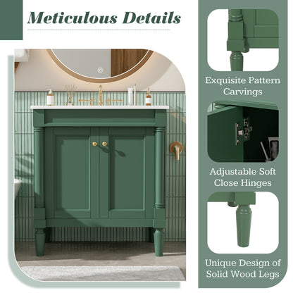 30" Bathroom Vanity with Sink, French Style Small Bathroom Vanity with Semi-Circular Column Design, Ceramic Sink with Overflow, Soft Close Door,Green