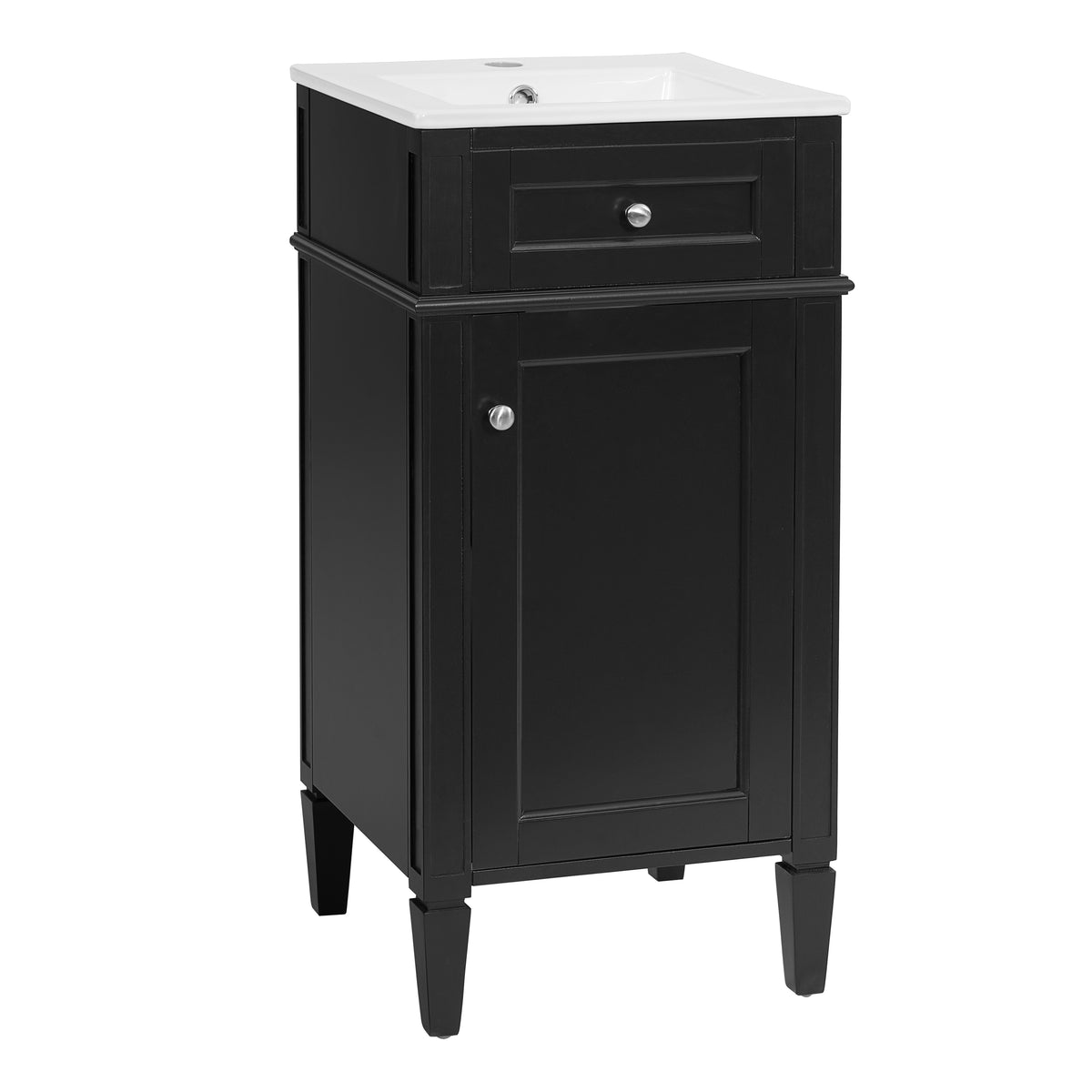 16" Bathroom Vanity with Sink, French Style Small Bathroom Vanity, Freestanding Wood Vanity Cabinet with Ceramic Sink Basin, Soft Close Door & U-Shaped Shelf,Black