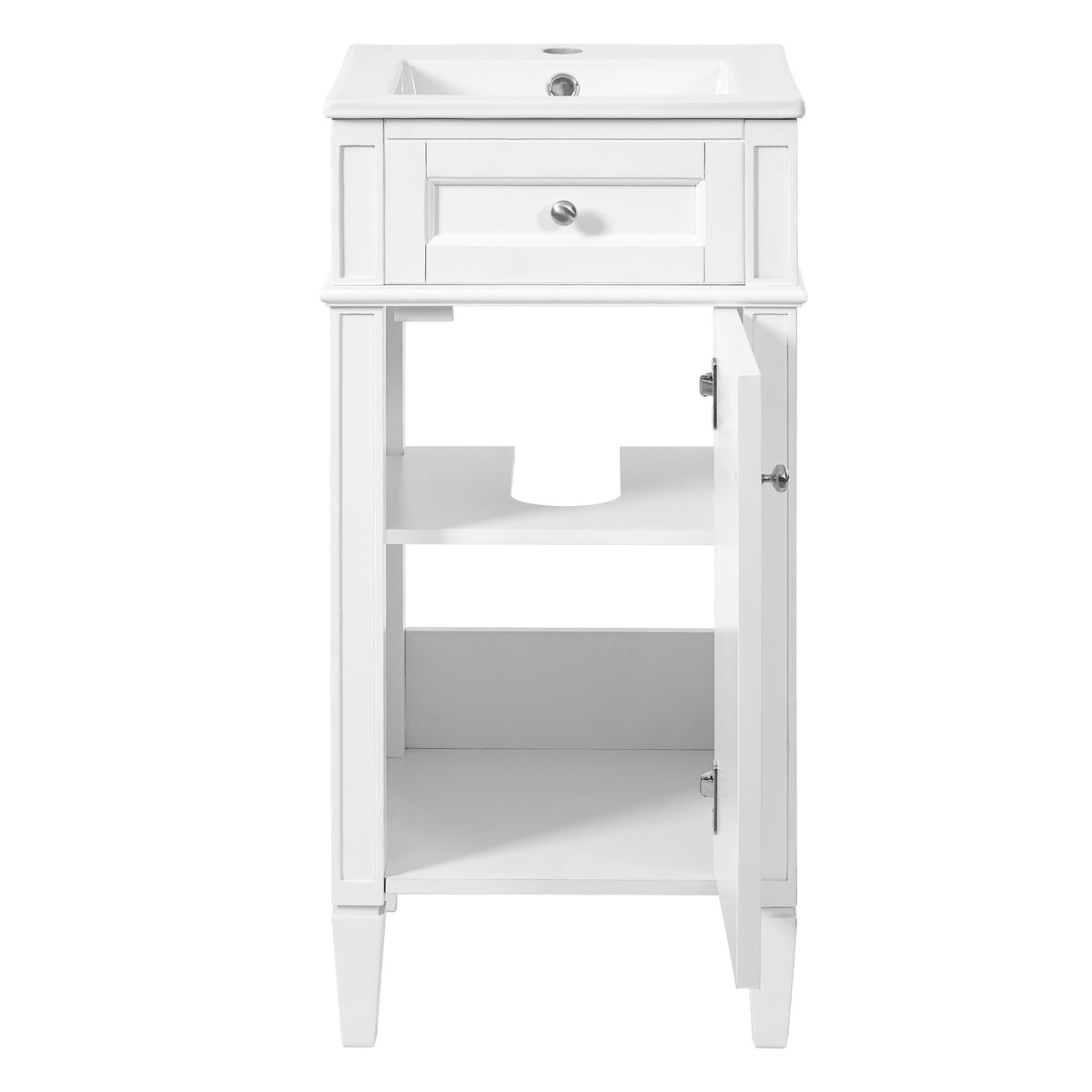 16" Bathroom Vanity with Sink, French Style Small Bathroom Vanity, Freestanding Wood Vanity Cabinet with Ceramic Sink Basin, Soft Close Door & U-Shaped Shelf,White