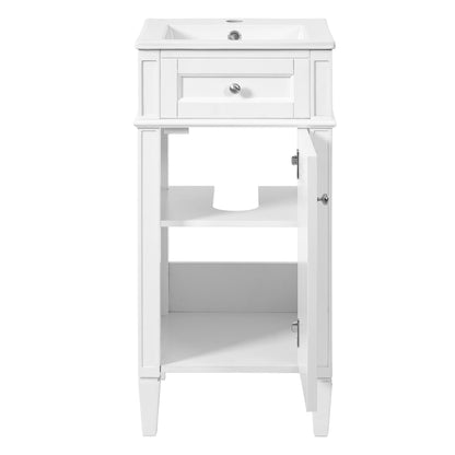 16" Bathroom Vanity with Sink, French Style Small Bathroom Vanity, Freestanding Wood Vanity Cabinet with Ceramic Sink Basin, Soft Close Door & U-Shaped Shelf,White