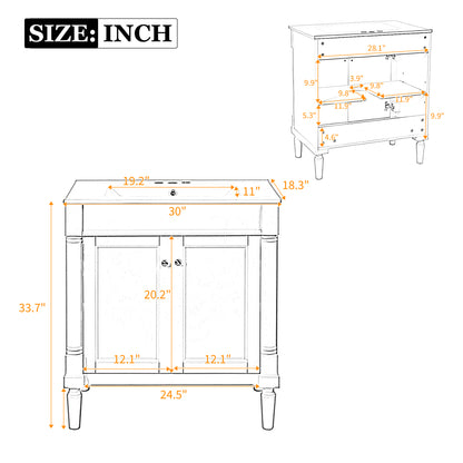 30" Bathroom Vanity with Sink, French Style Small Bathroom Vanity with Semi-Circular Column Design, Ceramic Sink with Overflow, Soft Close Door,Green