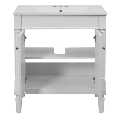 30" Bathroom Vanity with Sink, French Style Small Bathroom Vanity with Semi-Circular Column Design, Ceramic Sink with Overflow, Soft Close Door,White