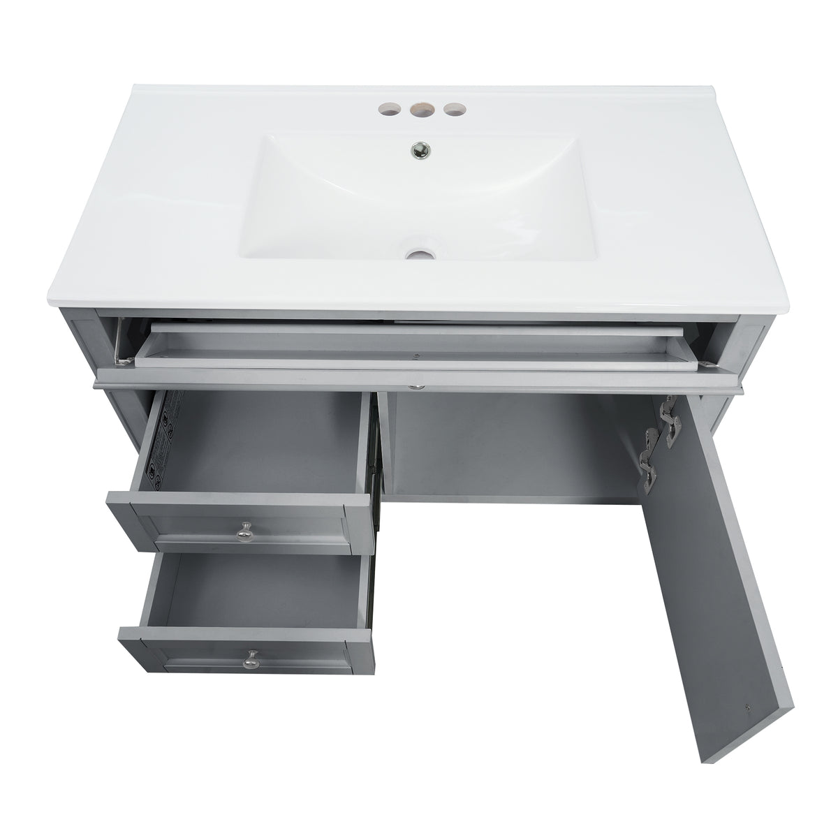 36" Floating Bathroom Vanity with Sink, Wall Mounted Bathroom Vanity with 2 Drawers & Tip-Out Tray, Etched Stripe Design, Ceramic Sink with Overflow, Adjustable Height,Grey